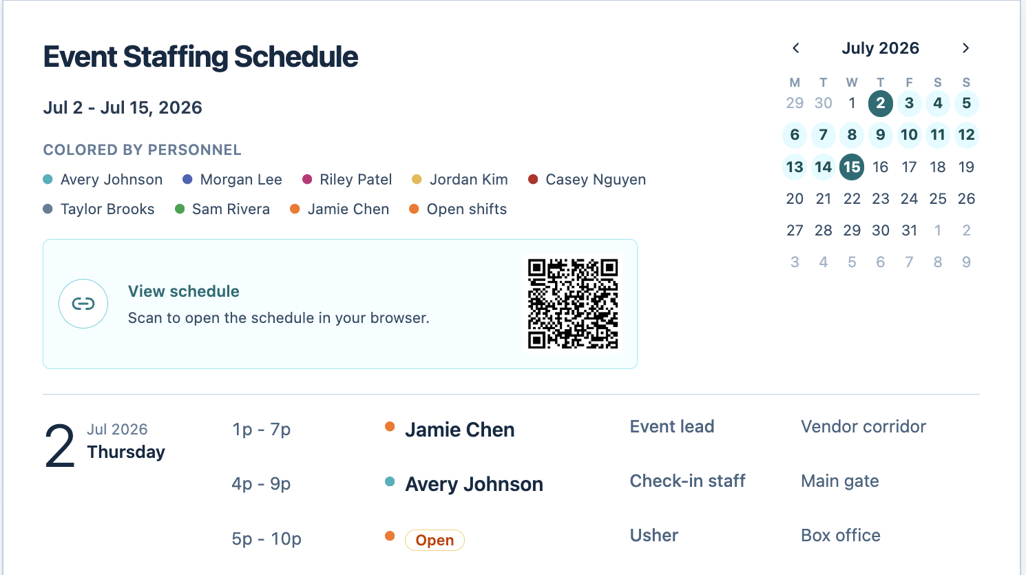ShiftDispatch Builder print preview showing a staff schedule and QR code for an expiring read-only schedule link.