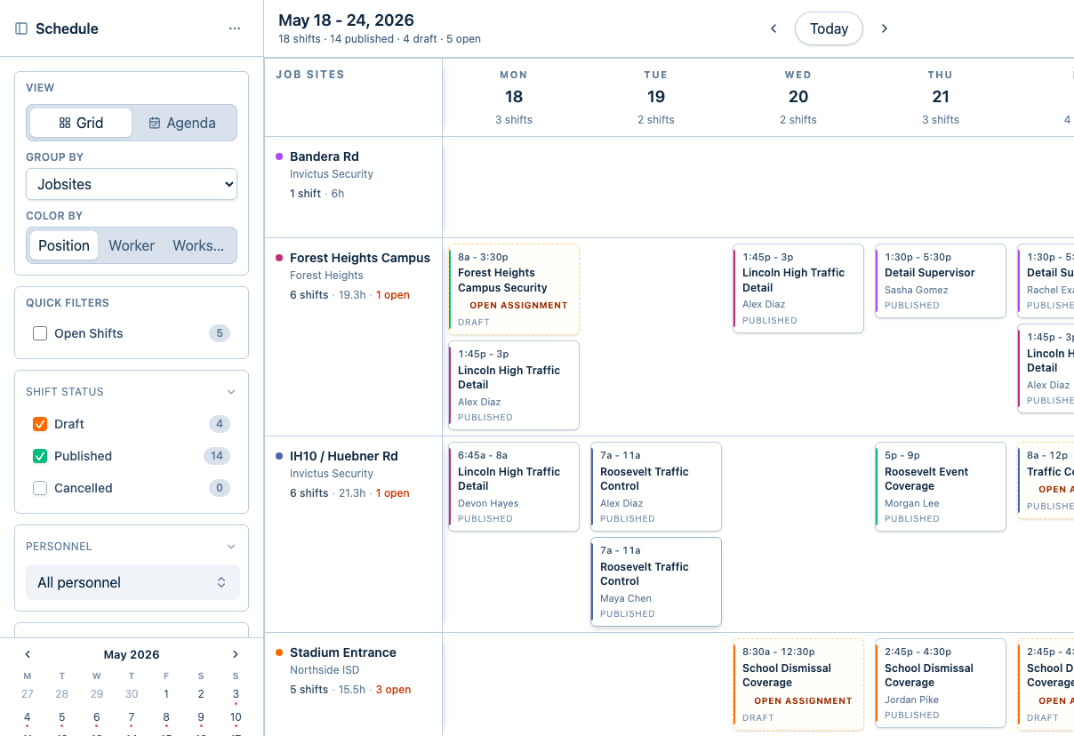 ShiftDispatch coverage schedule showing a jobsite grid with Forest Heights, IH10, and Stadium Entrance shifts, open assignments, and published staff coverage.