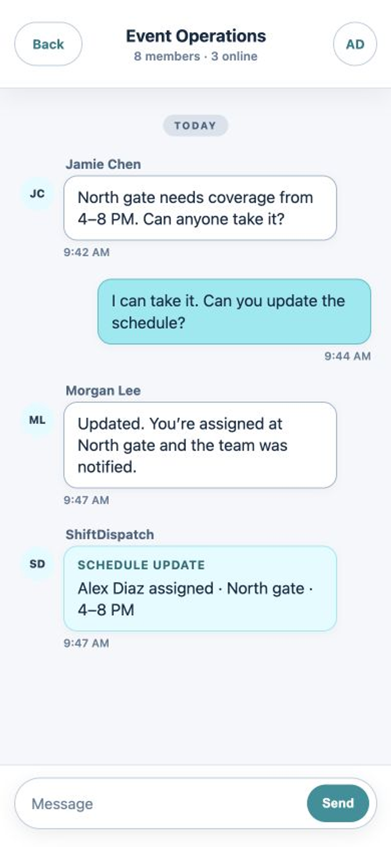 ShiftDispatch staff group conversation showing an open coverage question, a staff response, and the resulting schedule update.